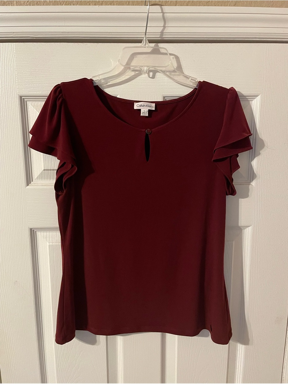 Calvin Klein Deep Burgundy Ruffle Sleeve Keyhole Blouse size large